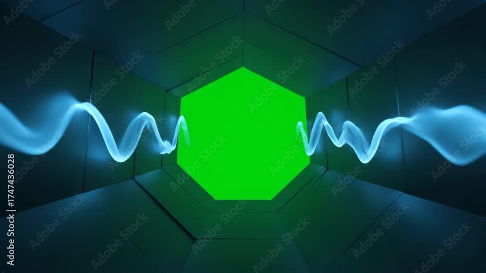 Poster fluid light waves slowly pulsating through a hexagon tunnel on green screen visuals, geometric, pass