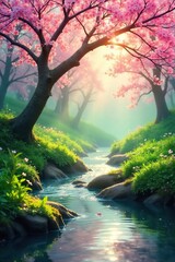 Tranquil Spring Scene Soft Sunlight Filters Through Blossoming Branches Illuminating Gentle Flowing Water and Vibrant Green Foliage, Perfect for Relaxation