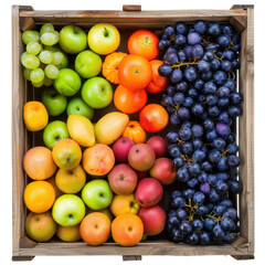Freshly harvested rainbow fruit medley in rustic wooden crate top-down view isolated on white background