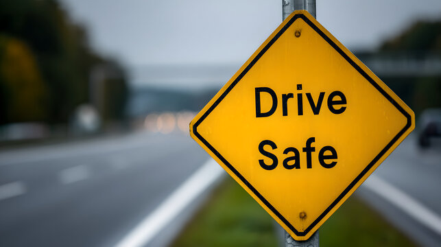 A roadside placard gives a direct warning: motorists, please drive safe today.
