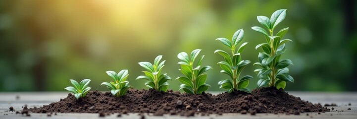 Lush green plants in various stages of growth are shown emerging from dark, fertile soil, representing a concept of development, progress, and environmental sustainability against a soft, blurred...