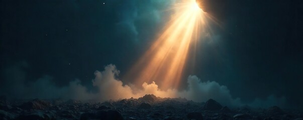 Dramatic Light Beam Cutting Through Darkness, Illuminating Dust Motes Hope, Discovery, and the Unknown