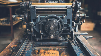 An antique letterpress contraption shows intricate wheels and well-worn vintage mechanized parts.
