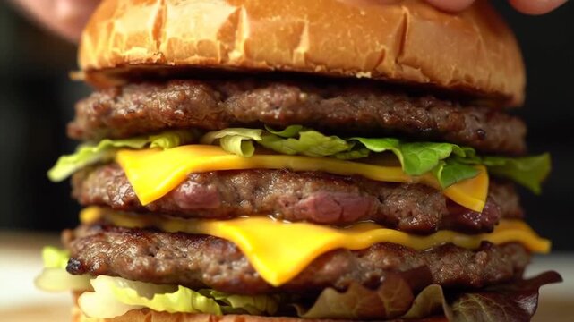 A towering triple cheeseburger with lettuce and melted cheese