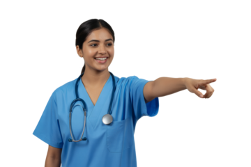 Confident female doctor pointing forward with a smile, offering guidance and expertise in healthcare settings.