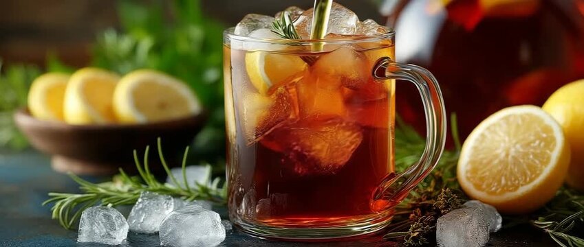 Ice crystals and refreshing iced tea in a glass pitcher