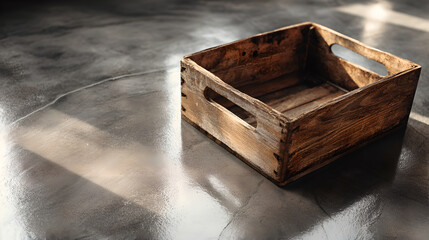 Fototapeta premium A single, empty, weathered wooden crate sitting alone on a concrete floor. 