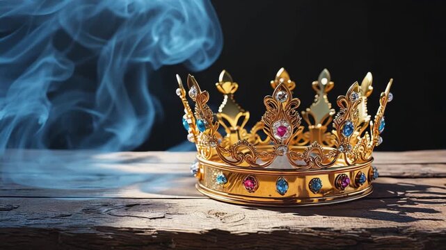 Ornate golden kings crown adorned with colorful gems resting on a rustic wooden surface with ethereal blue smoke.