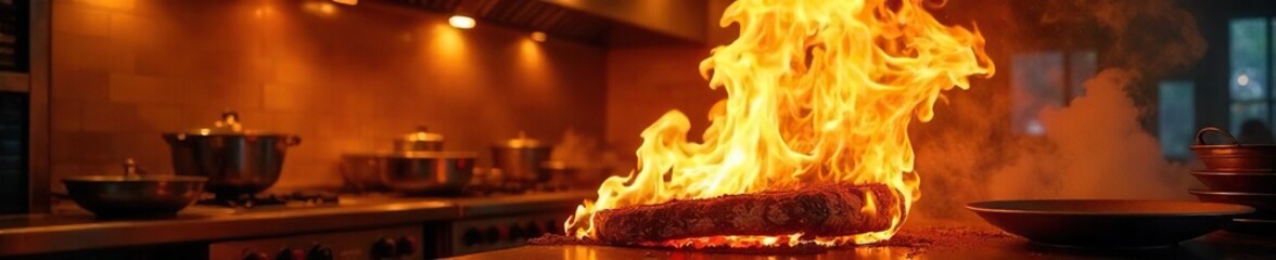 Intense Kitchen Fire Dramatic Close-Up of Flames Engulfing Restaurant Kitchen, Showing Chaos and Significant Property Damage