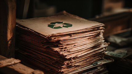 A rustic heap of old folded newspapers shows an archival recycling emblem.