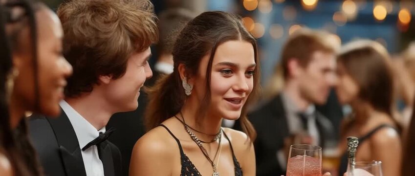 Teens standing together at a formal occasion, grinning and carrying drinks
