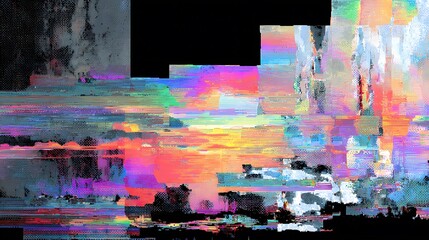 Glitchy horizons: a vibrant abstract cityscape infused with digital noise