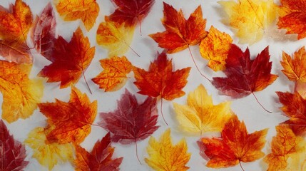 Seasonal symphony: the harmonious shades of maple leaves in autumn. Professional look. A display of vibrant maple leaves in red, orange, and yellow on transparency. Product showcase.