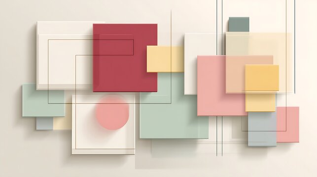 Modern abstract composition featuring pastel geometric shapes and linear elements