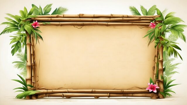 A beautiful bamboo frame with paper in the middle, decorated with green leaves and pink flowers isolated on white background
