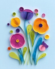 Tech-inspired design Vibrant Paper Quilling Art of Colorful Flowers on Blue Background in seamless format