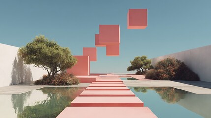 Surreal landscape with floating cubes and rectilinear pathway leading toward horizon
