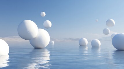 Surreal sphere landscape reflecting tranquility on the water under a blue sky