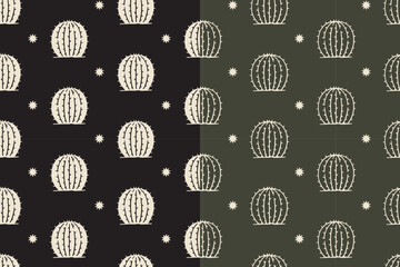 barrel cactus, desert plant with dot retro illustration pattern on black green background set for western. round cactus, arid flora vintage doodle motif wallpaper. succulent hand drawn pattern