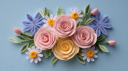 Botanical scene Beautiful Quilling Paper Art of Floral Bouquet on Blue Background in pastel tones