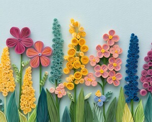 Paper collage Colorful Quilling Paper Art of Blooming Flowers on Pastel Background in flat lay style