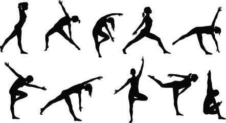 Silhouette of woman performing yoga poses, fitness exercise, stretching body balance, meditation practice, healthy lifestyle vector illustration design art