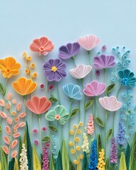 Digital gradient Colorful Paper Quilling Floral Artwork on Light Blue Background with organic detail