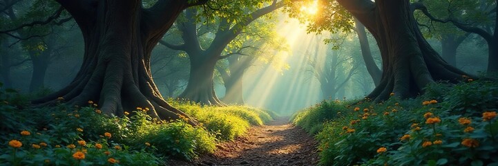 Mystical Forest Path Dappled Sunlight Illuminates Ancient Trees, Creating a Magical Atmosphere Perfect for Fantasy and Fairytale Projects