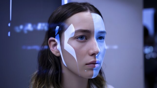 Futuristic Portrait of a Woman with a Digital Light Projection on Her Face Representing AI, Facial Recognition, and Virtual Identity: HUD Interface for Biometric Scanning and Data Analysis - Powered by Adobe
