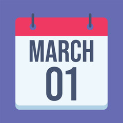 1 March Calendar. Blue Background. Isolated Vector Calendar.