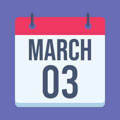 3 March Calendar. Blue Background. Isolated Vector Calendar.