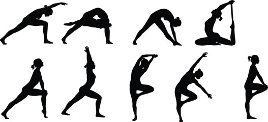 Silhouette of women practicing yoga poses, fitness workout illustration, stretching exercise, healthy lifestyle, meditation, body balance, flexibility vector design