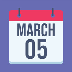 5 March Calendar. Blue Background. Isolated Vector Calendar.