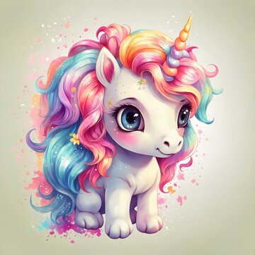 A Cute Unicorn with big blue eyes and lush hair in pastel colors isolated on plain background