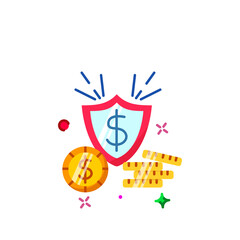 Financial Security Shield Protecting Golden Coins and Currency Symbol in a Flat Design with Sparkles