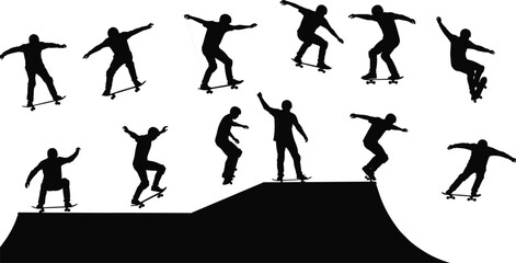 Silhouette skateboarder performing tricks on ramp, skate park extreme sport action, youth lifestyle, balance, motion, urban adrenaline adventure scene