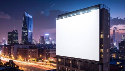 Blank Billboard on Building in Urban Cityscape at Night
