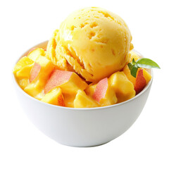 Creamy mango ice cream with fresh fruit and basil in a white bowl isolated on white background