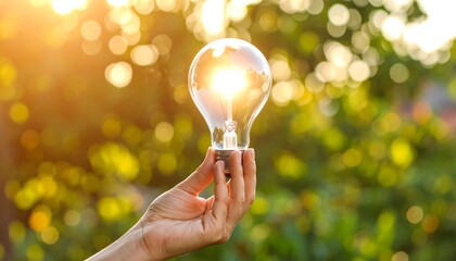 A hand delicately holds a lit lightbulb, capturing the bright sunlight. A bokeh effect is in the background
