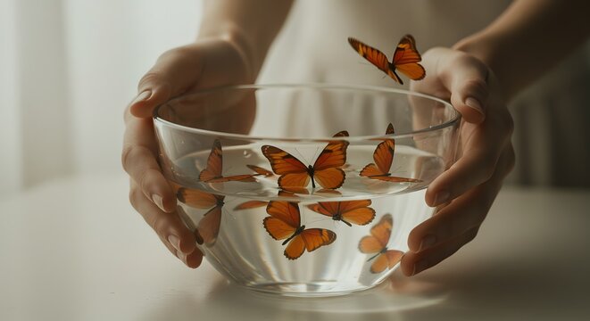 Hands Holding Glass Bowl with Orange Butterflies Flapping Inside in Soft Natural Light