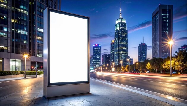 Blank advertising billboard at night in a modern city with tall skyscrapers and blurred car lights on the street