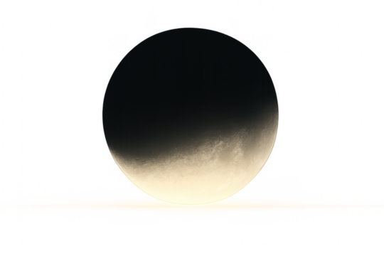 Crescent moon phase illuminating dark sphere on transparent background