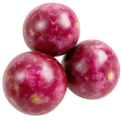 Obraz premium Three deep purple passion fruits in a stacked arrangement isolated on white background