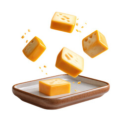Delicious cheese cubes levitating above a ceramic plate isolated on transparent background