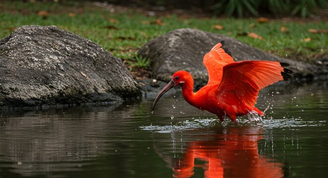 Bright Red Scarlet Ibis Wading in Water with Rocks and Green Grass in Natural Setting