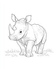 Obraz premium Detailed illustration of a baby rhinoceros standing on grass