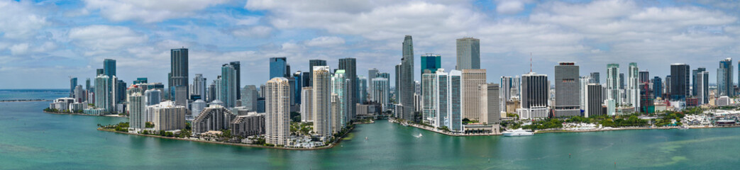 City landscape. Skyscraper city. City panoramic view. Modern building architecture cityscape. Panoramic Brickell Key. Cityscape panorama with skyscraper skyline. Brickell Key panorama. Downtown view