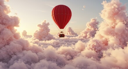 Fototapeta premium A hot air balloon with a basket woven from willow branches, floating over a sea of clouds that have bloomed into giant, soft peonies.