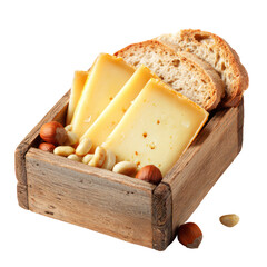 Wooden box filled with cheese slices nuts and bread isolated on transparent background