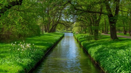 Peaceful green park with narrow canal flowing between lush trees and vibrant grass under soft daylight, representing calm nature scenery, tranquility, freshness, and perfect natural background imagery